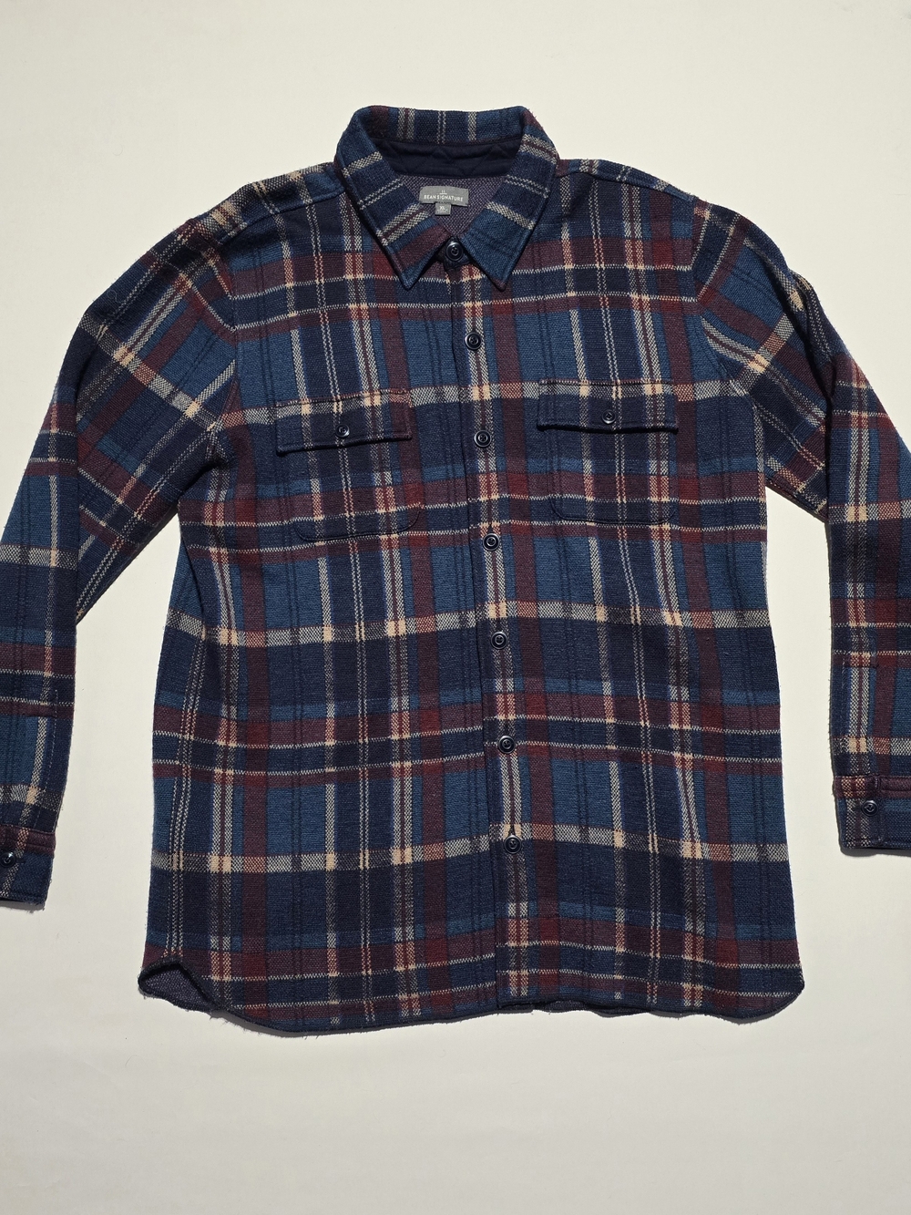 L.L.Bean Signature Merino Wool Plaid Overshirt Men's XL – Navy Burgundy Tan Knit